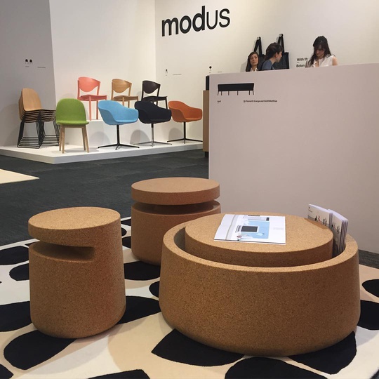 Art/Abe/Arne recycled Cork tables for Modus... #Milano #isalone2016 #modusfurniture #michaelsodeau #michaelsodeaustudio #cork #recycled #Milanogram2016 #MilanDesignWeek #christopherfarr #moderncraft #design #simplicity #storage